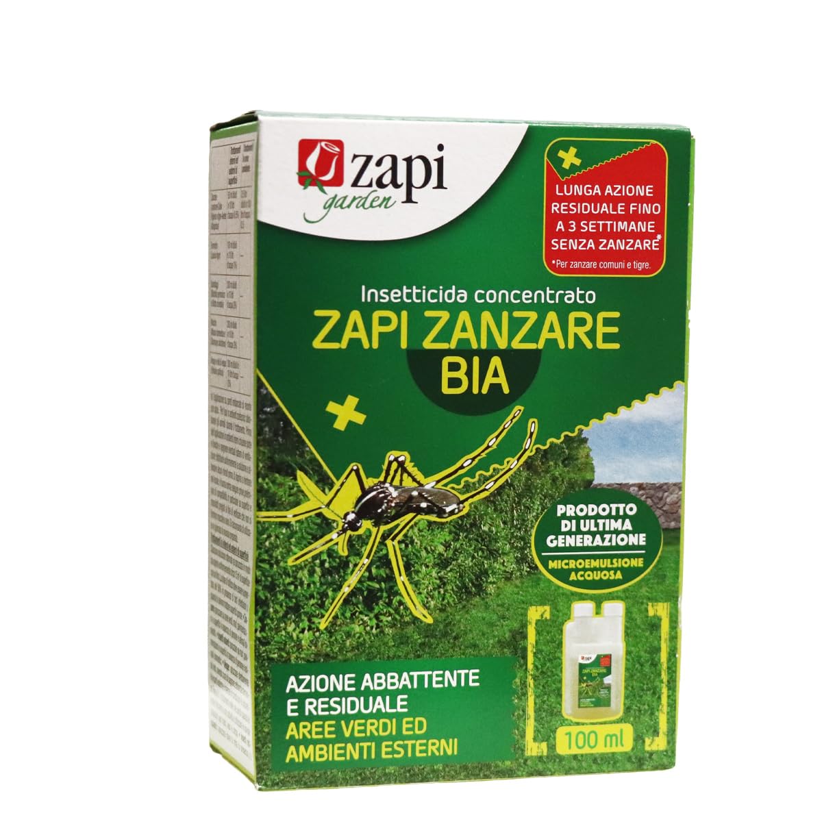 Zapi Garden | Zapi Zanzare Bia Verde - Insetticida Anti Zanzare, Fino a 3 Settimane, Antizanzare Concentrato, Insetticida Esterno Giardino, 100 ml