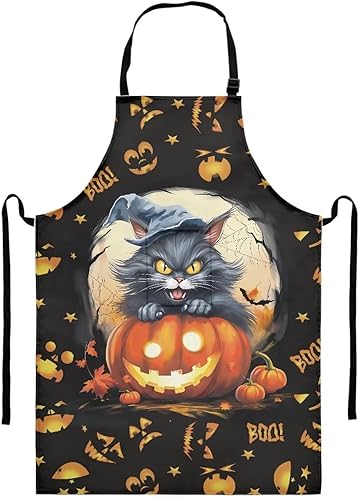 Delantal ajustable con patrón de girasoles de amor, resistente al agua, con 1 bolsillos, Gatos negros y calabazas de Halloween 1
