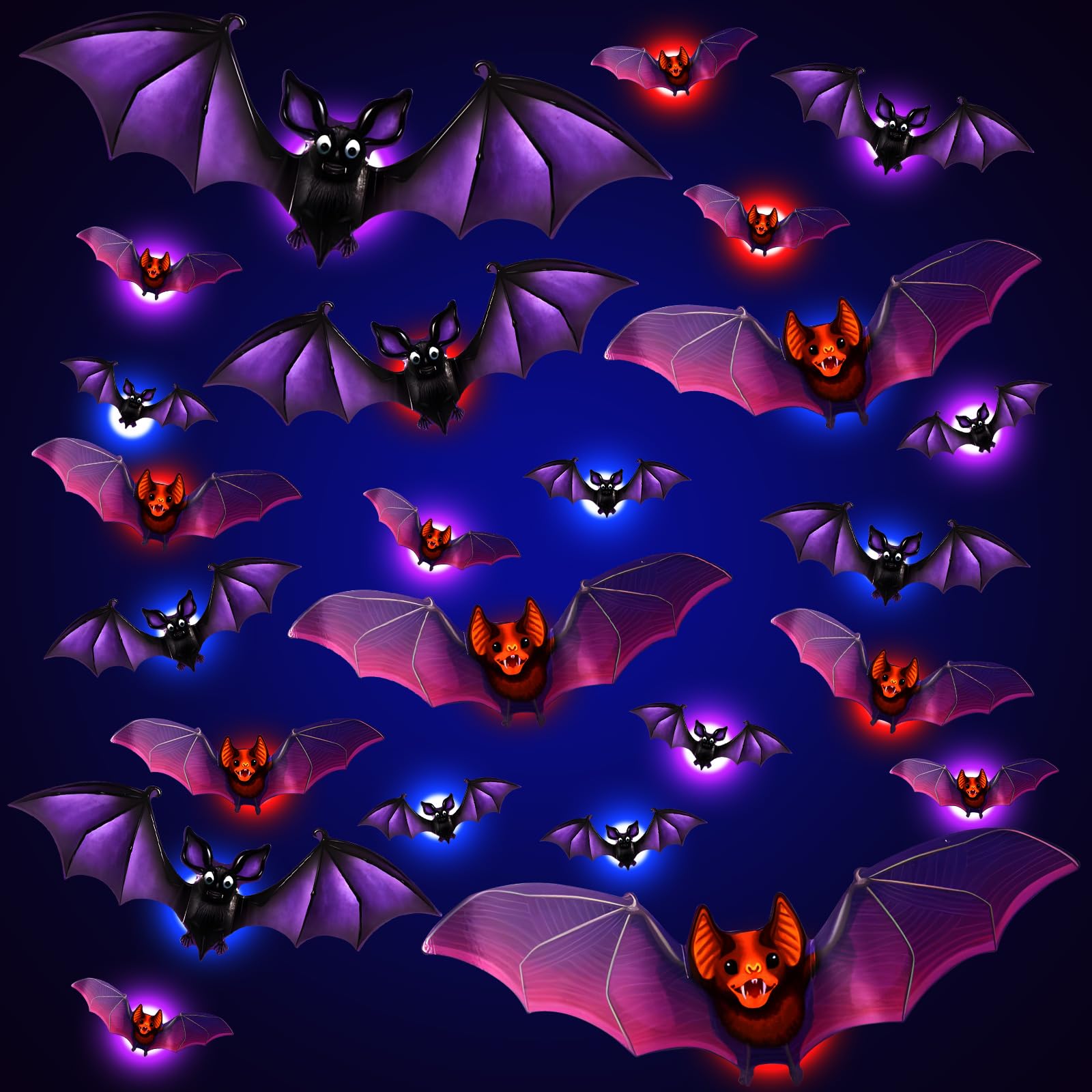 Halloween Indoor 3D Bat with LED Lights 24 Pieces, decoration PVC Realistic Bat Pattern Window Stickers for Parties
