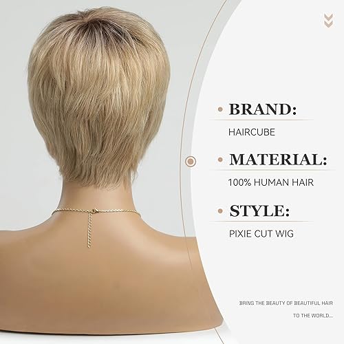 Miniatura 4 de HAIRCUBE Pelucas cortas de cabello humano 100% rubio arena esmaltado para mujer, peluca rizada de corte pixie con flequillo, pelucas sin pegamento,