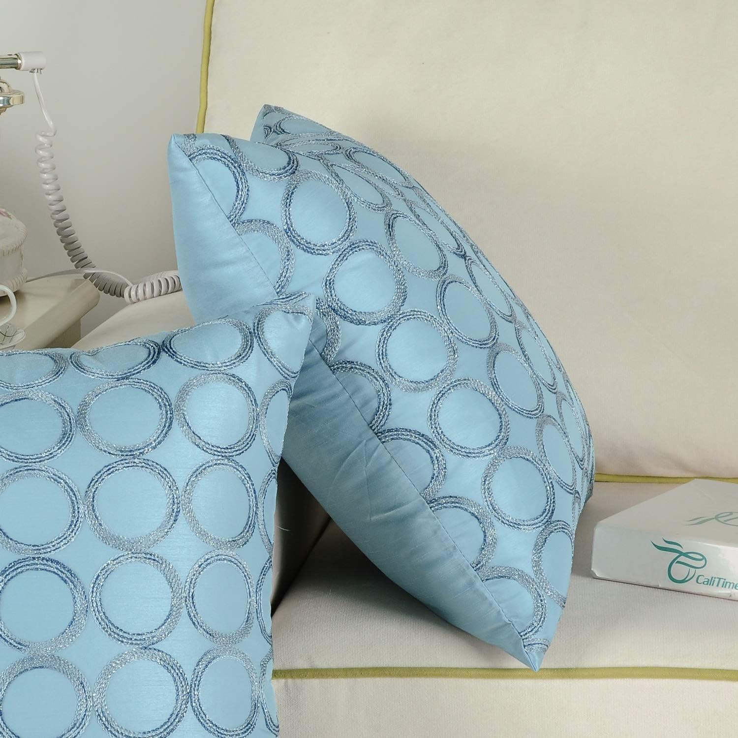 CaliTime Pack of 2 Cushion Covers Throw Pillow Cases Shells for Sofa Couch Home Decoration 18 X 18 Inches Modern Circles Rings Geometric Chain Embroidered Light Blue
