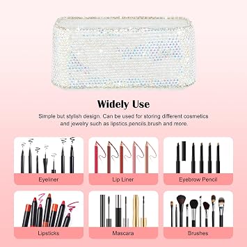 KEYPOWER Makeup Beauty Brush Bling Crystal Luxury Organizer for Slim Handles | 26 Space Cosmetic Storage Display Container (AB Color) (Purely Handmade)