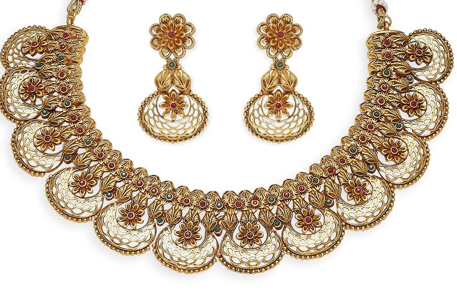 OOMPH Jewellery Antique Gold Tone Red & Green Stone Ethnic Temple Jewellery Choker Necklace Set with Drop Earrings For Women & Girls Stylish Latest (NERU15_AMR1) (B0BVFZ3TGQ) Amazon Price History, Amazon Price Tracker