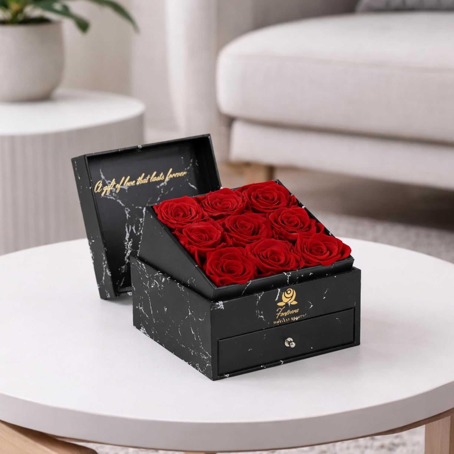 Luxury Preserved Premium Roses Gift Box, 9 Real Roses in Black Marble Pattern Box with Jewelry Drawer, Forever Fresh Flowers (Red)