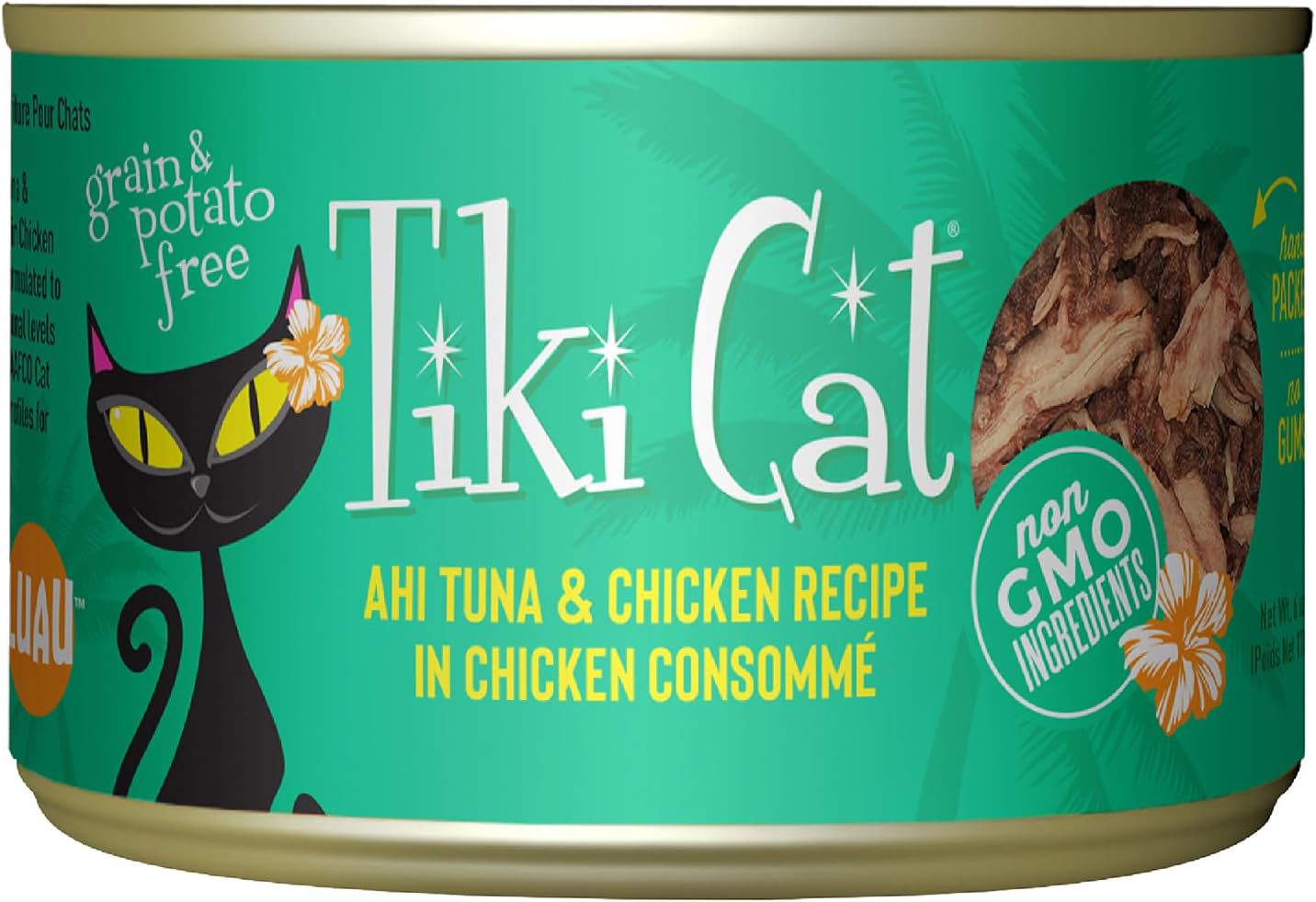 Tiki Cat Luau Shredded Meat, Ahi Tuna & Chicken Recipe in Chicken Consumme, Grain-Free Balanced Nutrition Wet Canned Cat Food, For All Life Stages, 6 oz. Can (8 Count)