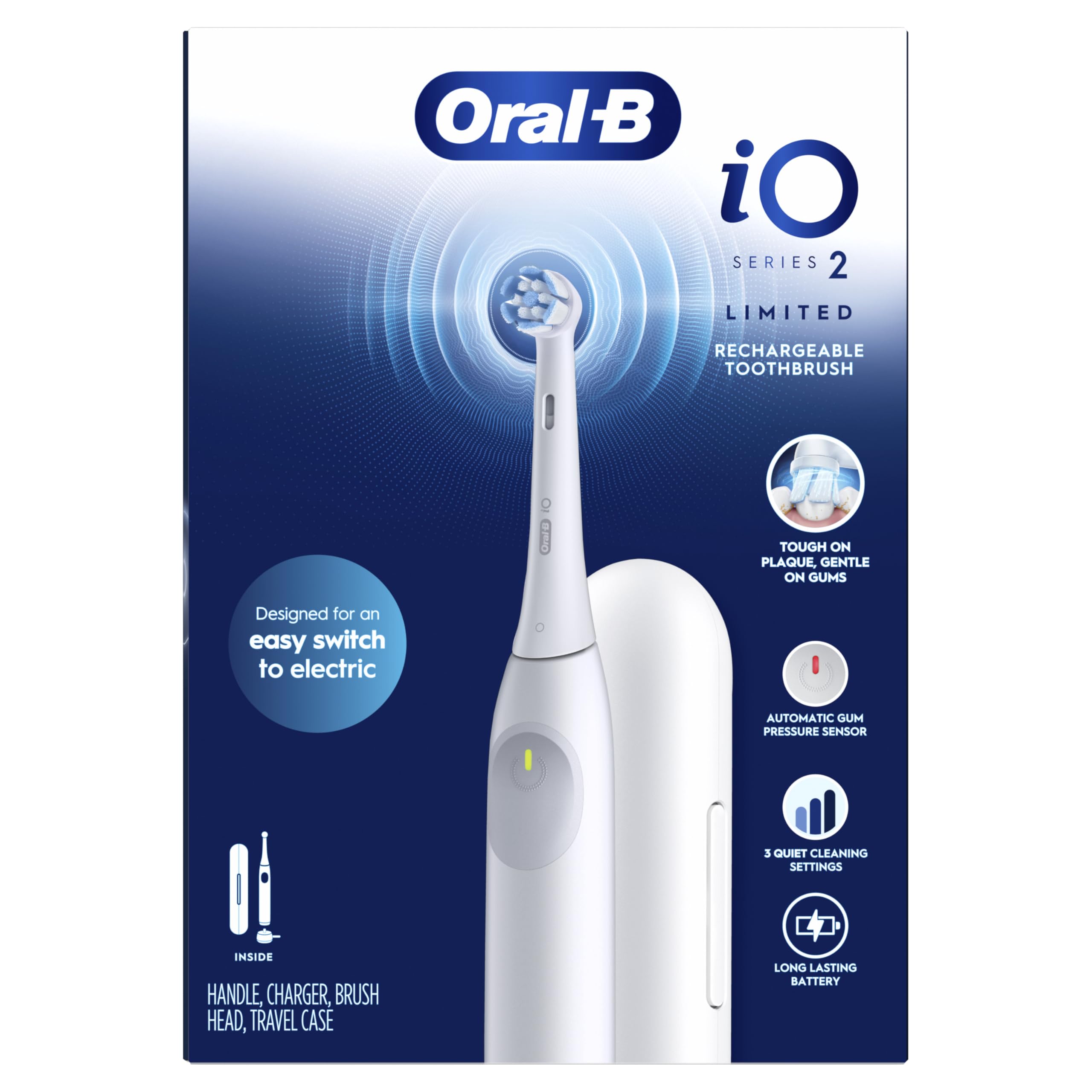 Oral-B iO Series 2 Limited - Cepillo de dientes eléctrico recargable, color blanco puro con 1 cabezal de cepillo de cuidado suave y 1 estuche de viaje blanco, sensor de presión automático para