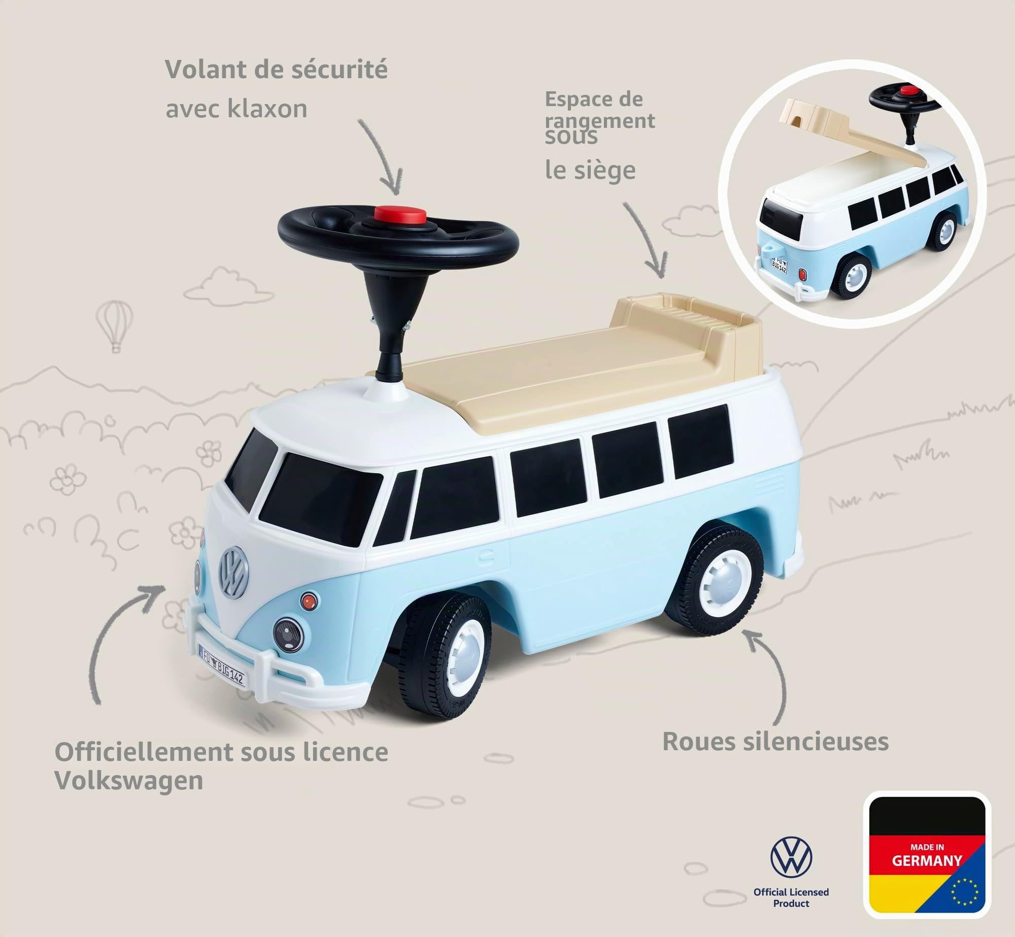 Big Baby VW T1 Voiture 2 en 1 pour Enfants de 18 Mois à 5 Ans (50 kg Max) avec klaxon, Compartiment et Petit Dossier