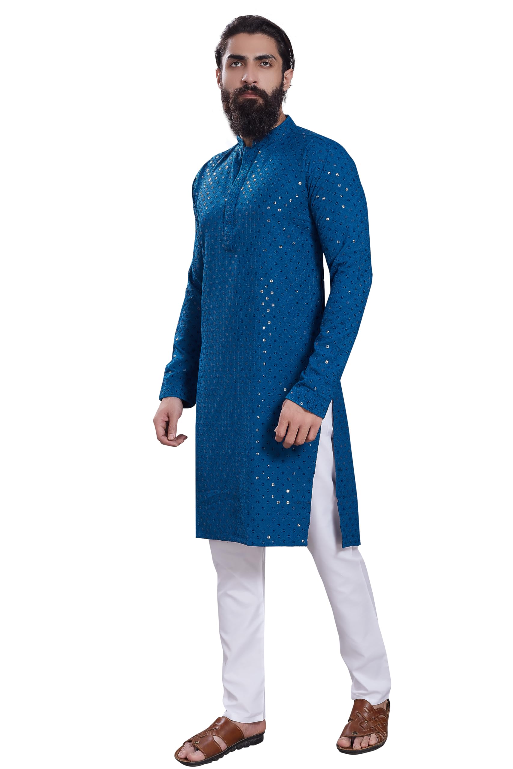 Divisive Men's Sequince Embroidered Cotton Blend Only Slim Fit Kurta (Dkrt228_M_Teal)