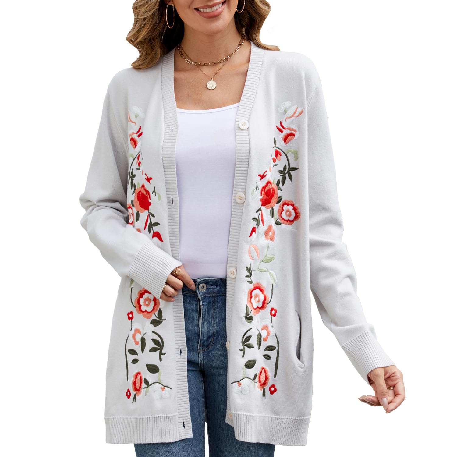 Womens Oversized Open Front Cardigan Sweaters Embroidery Fashion Button Down Knit Outwear Coats with Pockets