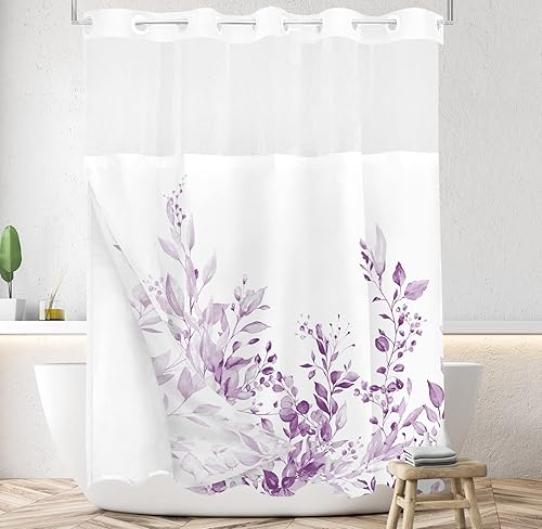 Vista 453 de Tititex - Juego de cortinas de ducha de eucalipto verde oliva, hojas de acuarela en la parte superior con decoración floral de baño, 60 x 72 Hojas