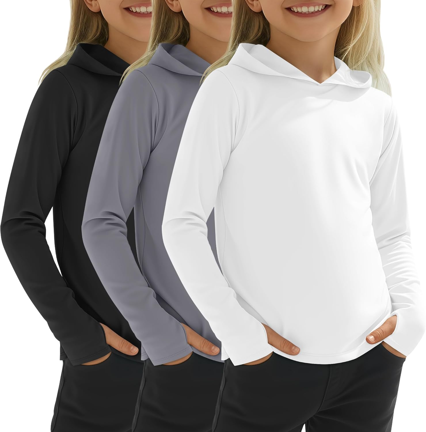 3 Pack Girls Sun Hoodie UPF50+ Long Sleeve Sun Protection Shirts with Thumb Holes Athletic Quick Dry Rash Guard