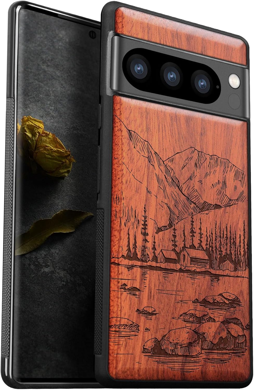 Carveit Wood Case for Pixel 8 Pro Case [Natural Wood & Black Soft TPU] Shockproof Protective Unique Wooden Cover Compatible with Google Pixel 8 Pro (Lakes and Mountains-Rosy)