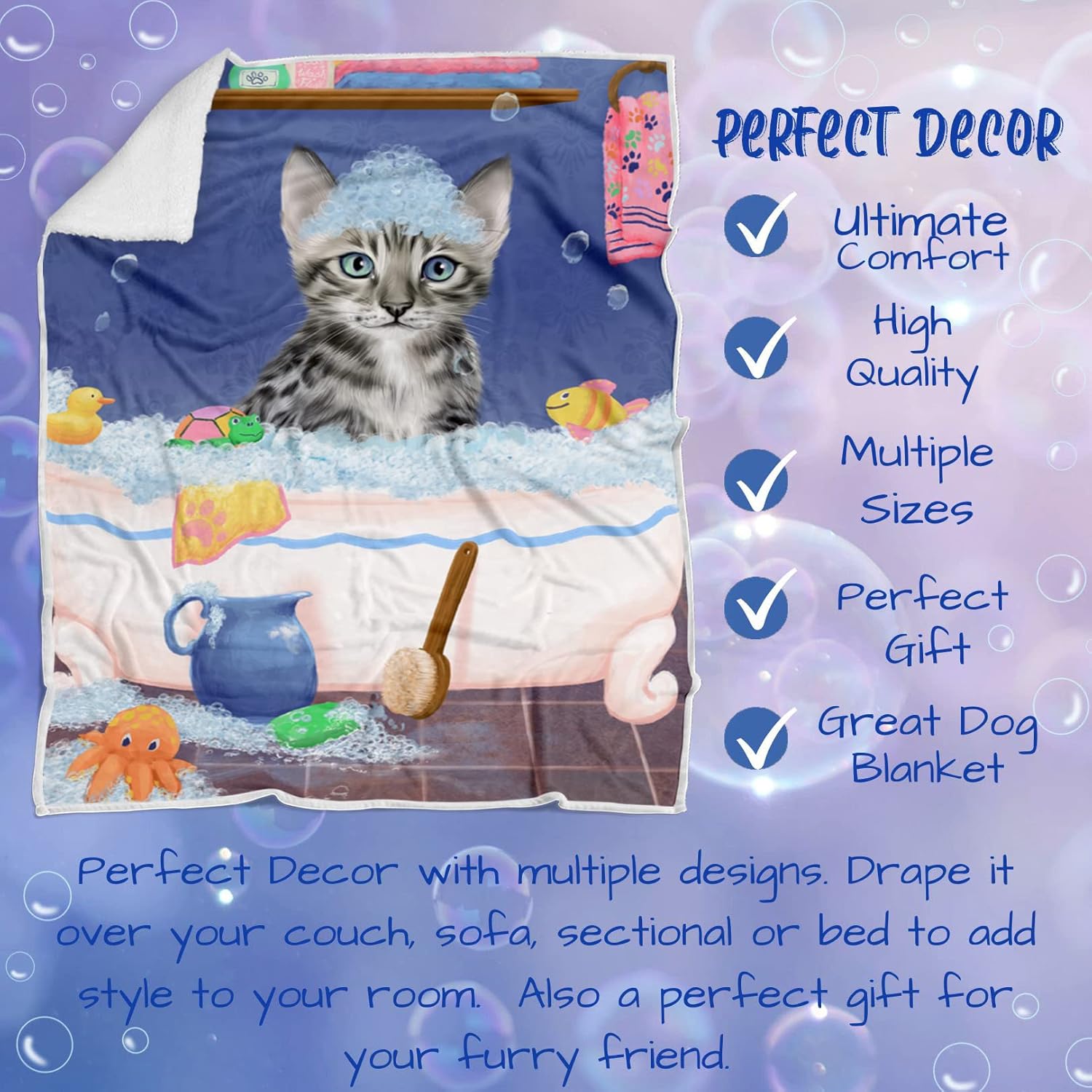 Rub A Dub Dog in A Tub Bengal Cat Blanket - Lightweight Soft Cozy and Durable Bed Blanket - Animal Theme Fuzzy Blanket for Sofa Couch BLNKT62716 (60x80 Fleece)
