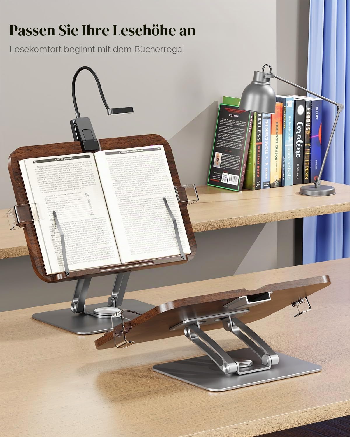 Buchständer mit Licht, aktualisierter verstellbarer Buchhalter mit 360° drehbarem Sockel, faltbarer Kochbuchständer, Rezeptbuch für Noten, Laptop, Rezept, Lehrbuch, Buchhalter