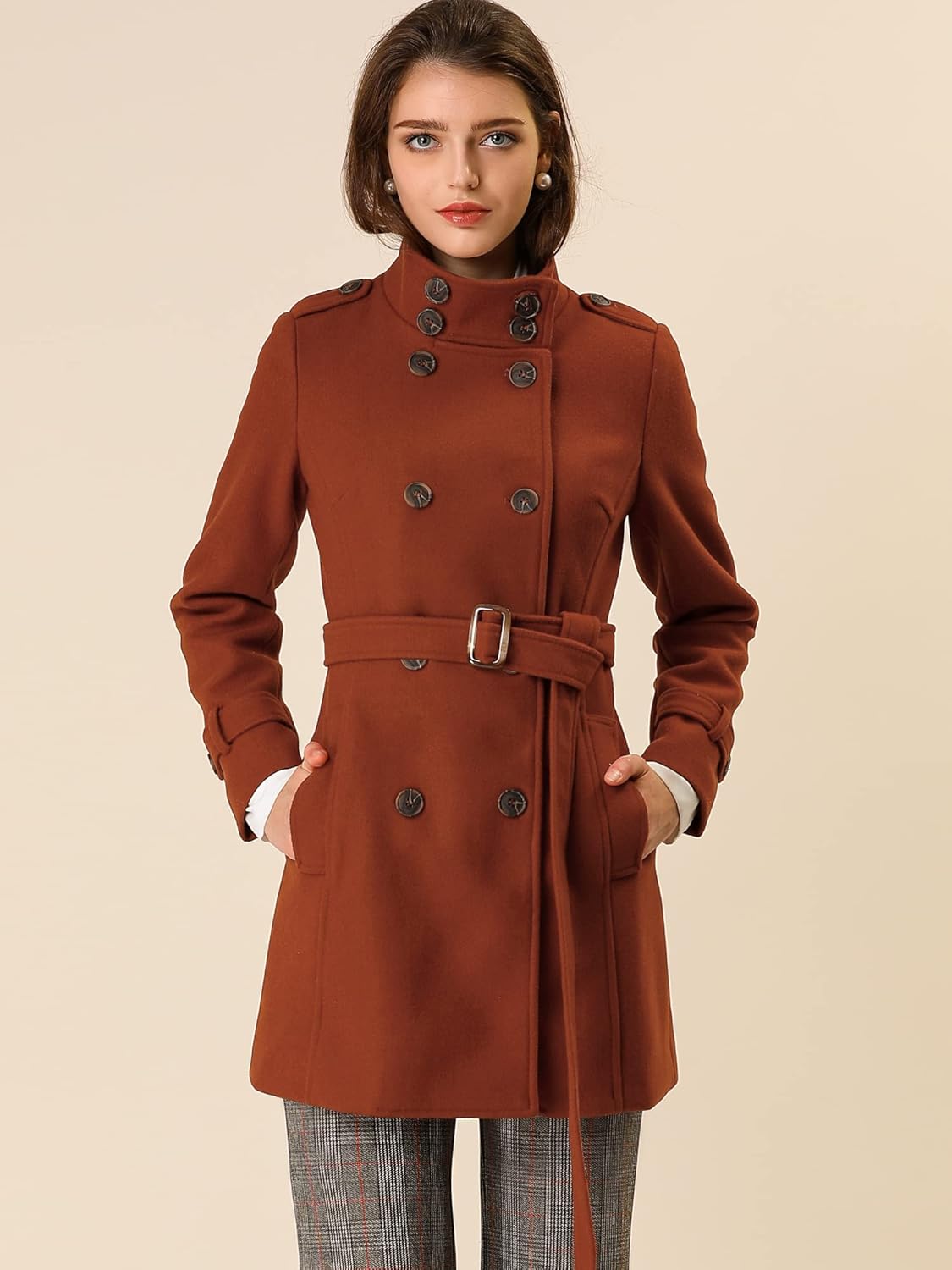 Allegra K Women's Stand Collar Double Breasted Pockets Trendy Outwear Winter Coat with Belt - Image 3