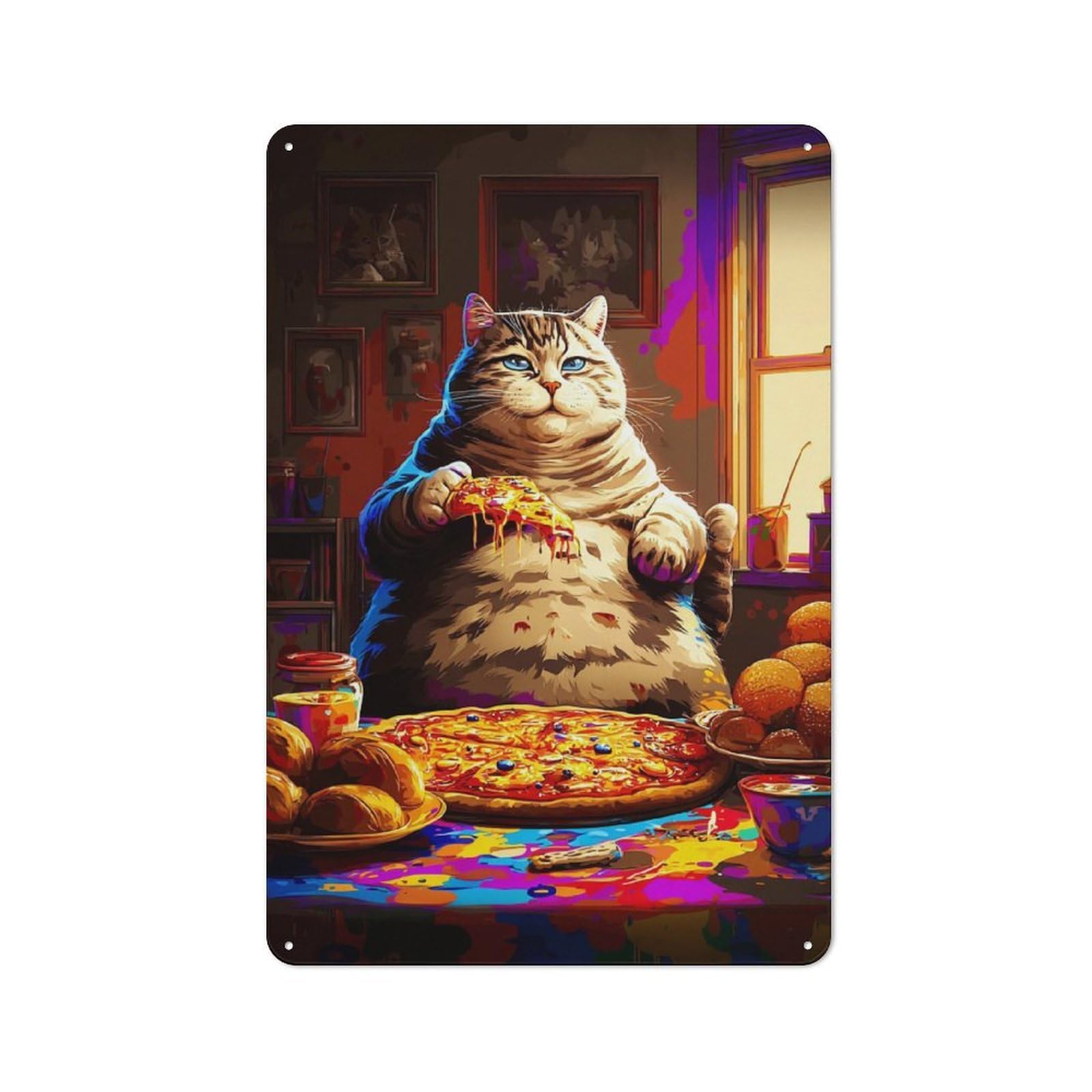 Junmoney Fat Cat Enjoying Pizza Party -1 Rustic Tin Wall Plaque 30X20cm For Garage Or Workshop, For Garage Decor Fans, For Retro Home Interiors