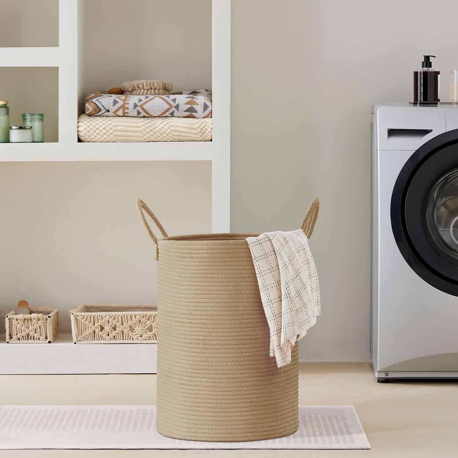 VIPOSCO Large Laundry Hamper, Tall Woven Rope Storage Basket for Blanket, Toys, Dirty Clothes in Living Room, Bathroom, Bedroom - 58L Jute
