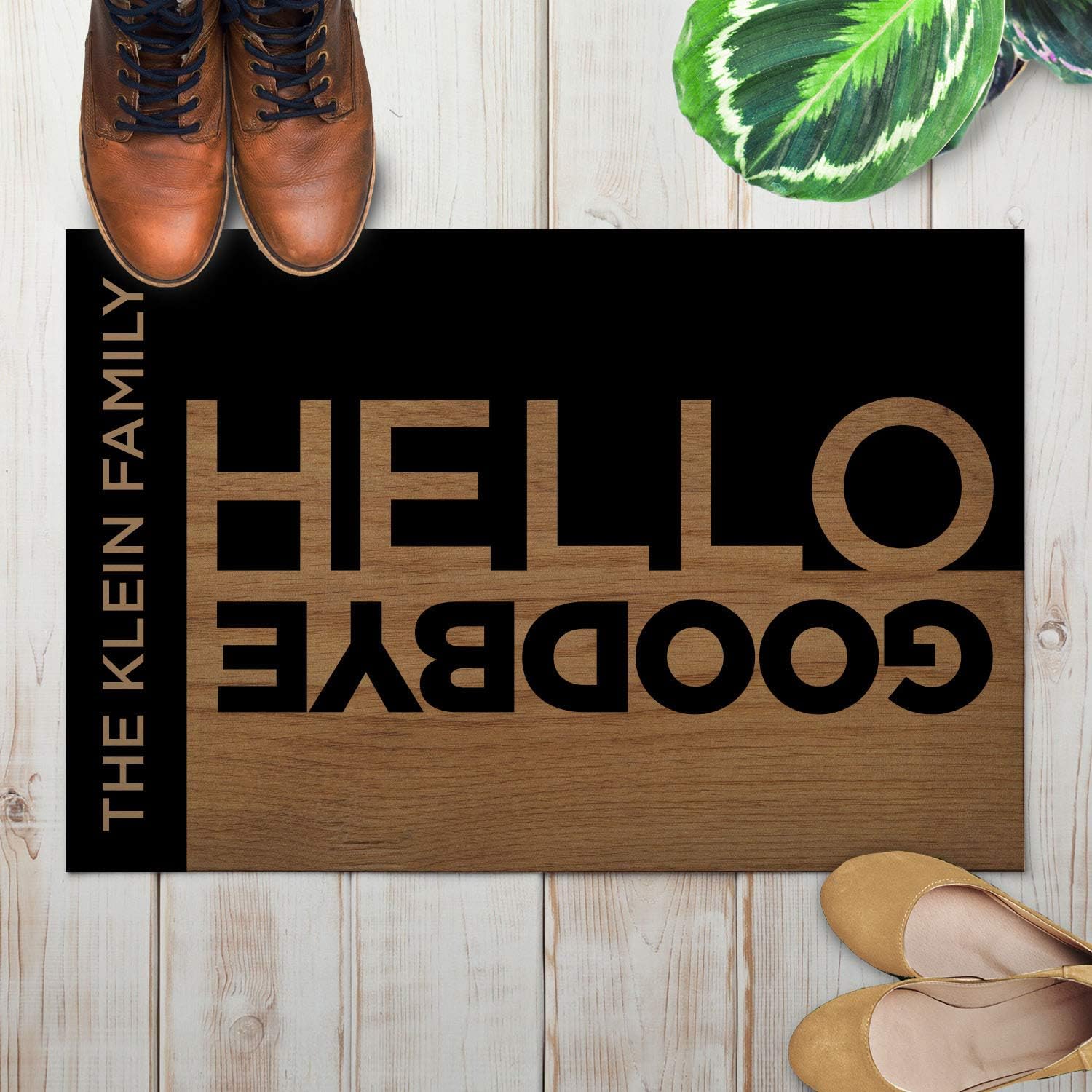 Hello and Goodbye Personalized Doormat - Black Custom Entry Door Mat with Name Printing on Durable 1/4" Thick Low Profile Welcome Mat, Indoor Outdoor, Non Slip Rubber Backing, Rectangular, 18x27