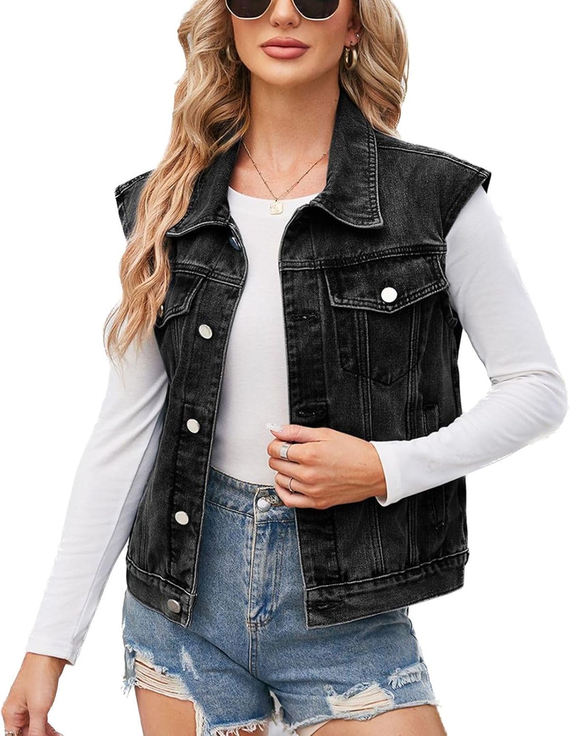Lu's Chic Women's Jean Vest Western Button Up Sleeveless Collared Denim Vest Casual Fashion Fall Spring Short Denim Jacket