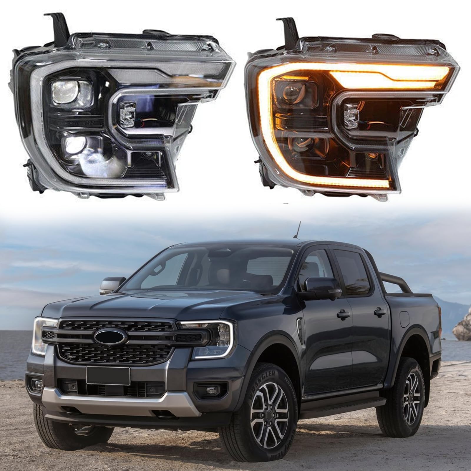 LED Headlight Assembly with DRL for 2022 2023 2024 Ford Ranger T9 - Left & Right Pair, High/Low Beam Headlamps