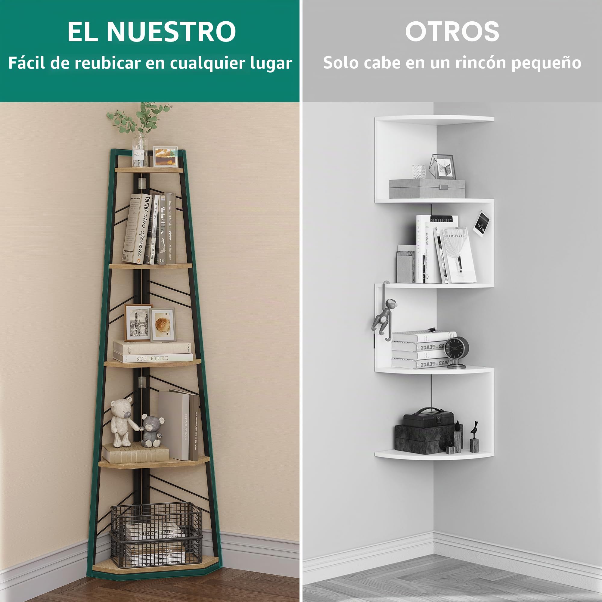 YITAHOME Estantería de estilo industrial con 5 niveles, estantería esquinera moderna e independiente, estante abierto para sala de estar, pasillo, oficina en casa, estante rústico color roble