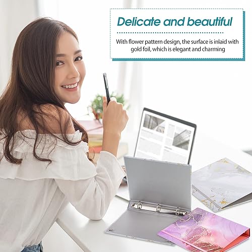 Miniatura 7 de Paquete de 6 mini carpetas de 5.5 x 8.5 pulgadas, tres anillos de 1 pulgada con cordón elástico, bonita carpeta de mármol de tapa dura floral para