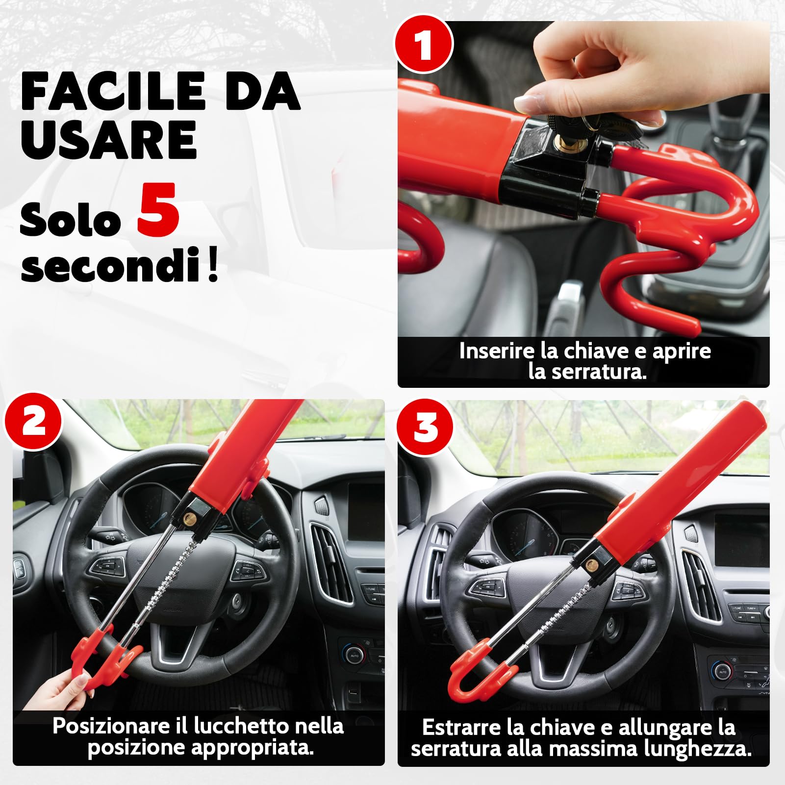Tevlaphee Blocca Sterzo Automobile, Bloccasterzo Auto, Alta Visibilità, 3 Chiavi (Rosso)