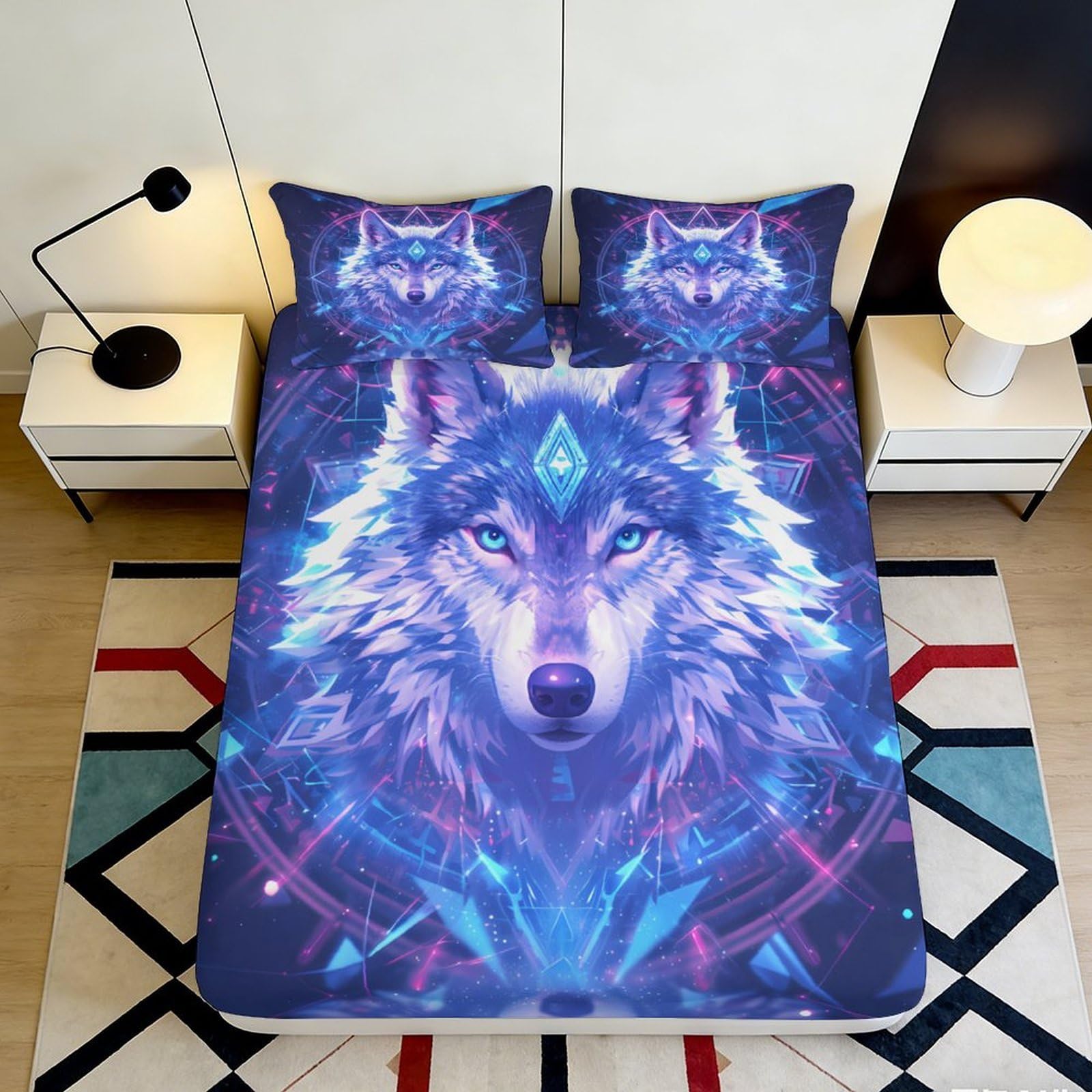 3D Printed Mystic Wolf Fitted Sheet Microfiber Soft Blue Decor Dream Wolf Mattress Cover for Bedroom Guest Room Protection 90x200x25cm