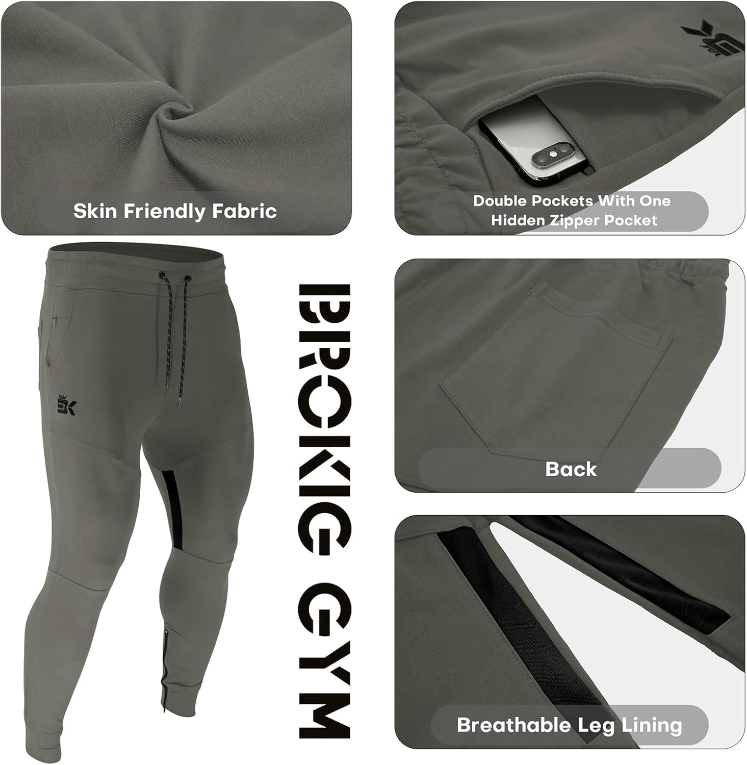 BROKIG Men Fitted Gym Sweatpants,Casual Slim Workout Jogger Pants with Zipper Pocket Bodybuilding Athletic Tapered Pants - Image 6