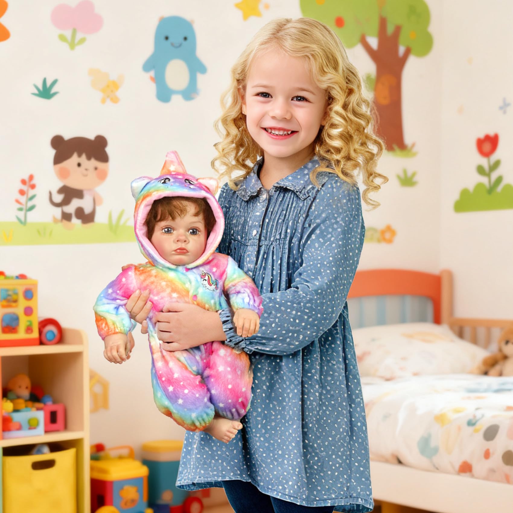 ARTST Reborn-Babypuppen-Kleidung mit Stubenwagen, Regenbogen-Einhorn, Reborn-Babypuppen-Zubehör, Outfit-Set für 43,2–55,9 cm Neugeborene, realistisches Spielzeuggeschenk für Mädchen im Alter von 3–12