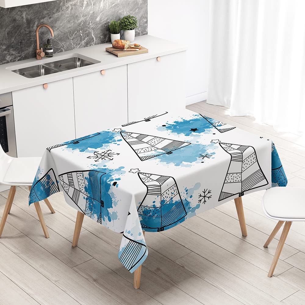 Mateju Manteles Rectangular Mantel de Navidad, Antimanchas y Lavable Mantel Decoración Navideña Cubierta de Mesa para Fiesta de Navidad y Banquete (150x300cm,Blanco Azul)