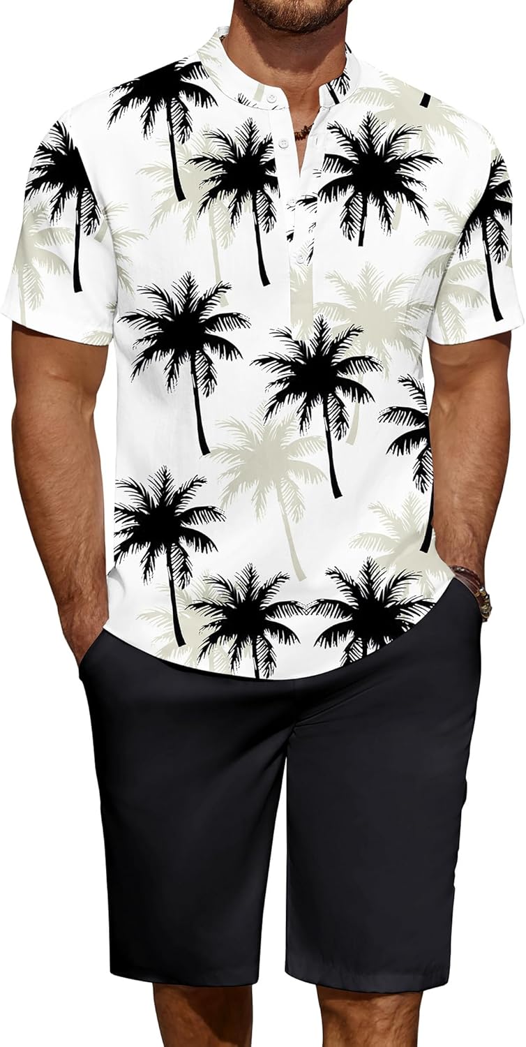 COOFANDY Men's 2 Pieces Linen Set Casual Henley Shirts Short Sleeve Beach Yoga Shorts Summer Pants Outfits