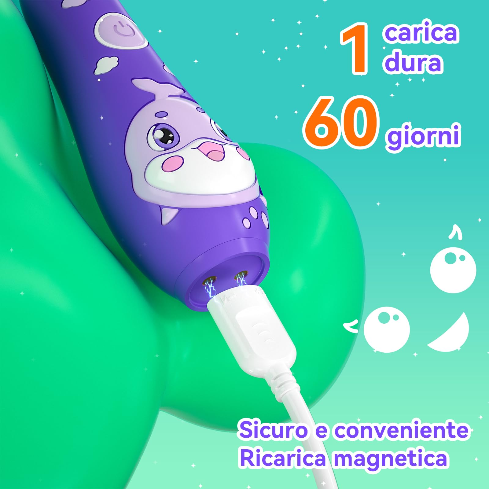 Spazzolino Elettrico Bambini Spazzolino Denti Elettrico Spazzolini Elettrici Spazzolino Bambini 0-6 Anni Spazzolino Da Viaggio Con 8 Testine Per, Luce LED, modello balena SG-2139,Viola