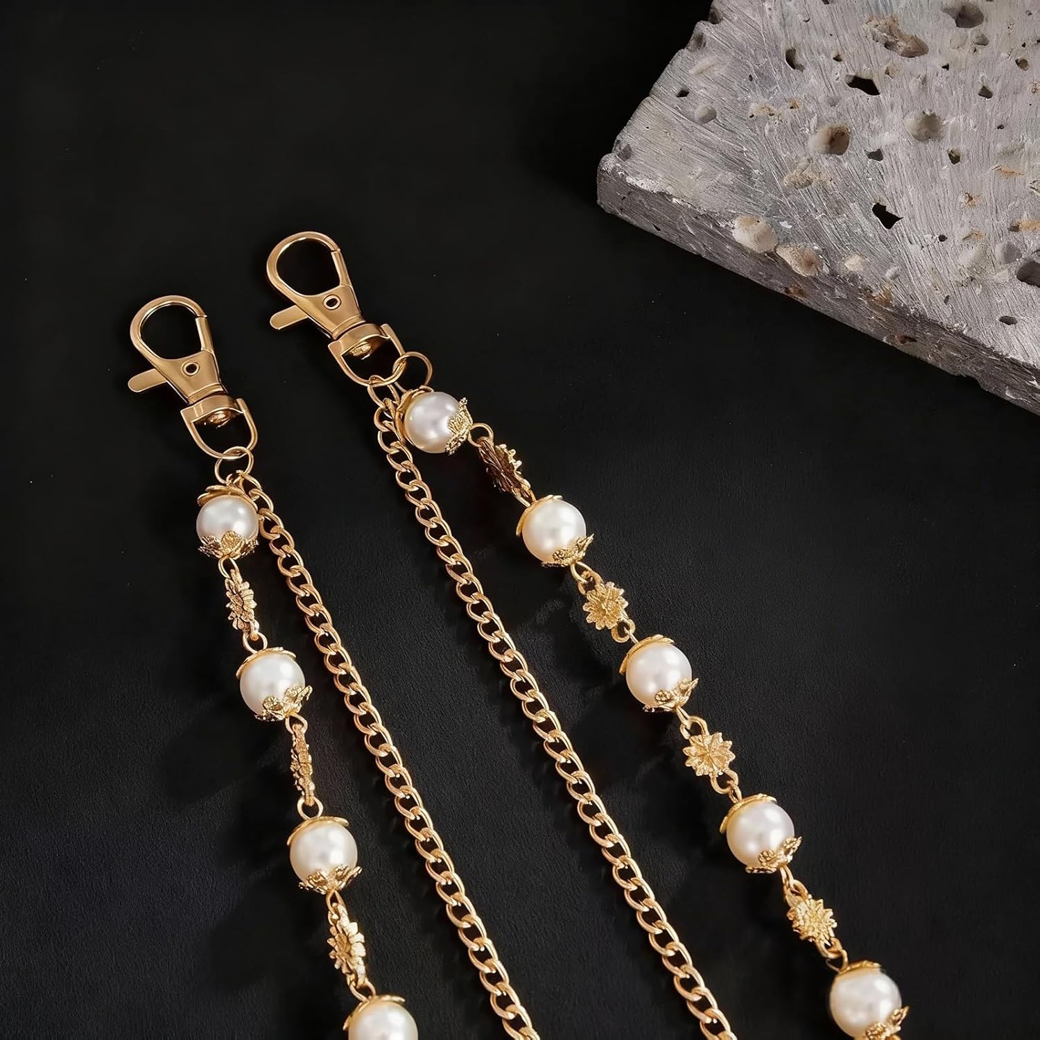 Layered Pearl Cross Pants Chains - Exquisite Gold Jean Pocket Chain Rhinestone Flower Chain for Women Men, Cute Bag Purse Charms Jewelry - Image 4