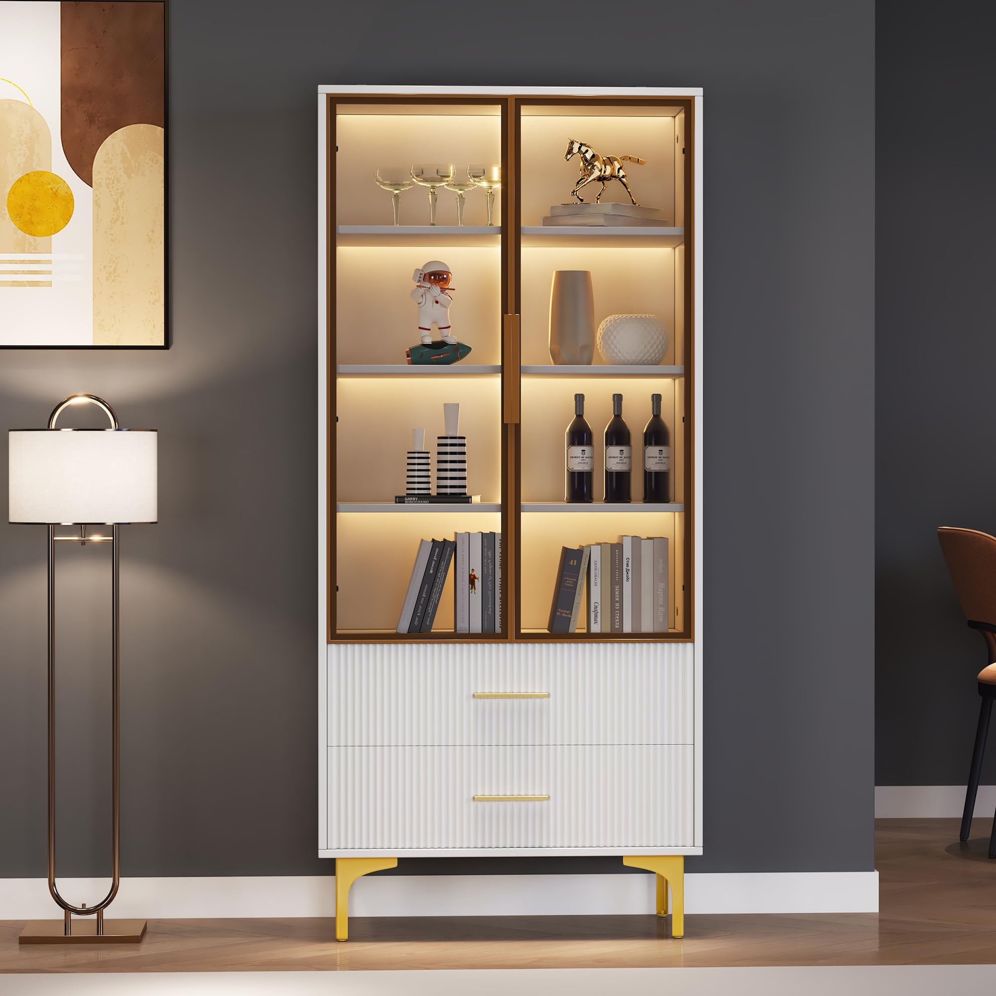 Vetrina bianca con illuminazione a LED, armadietto con porta in vetro e 2 cassetti, in vetro per soggiorno, camera da letto (bianco, 70 x 35 x 150 cm)
