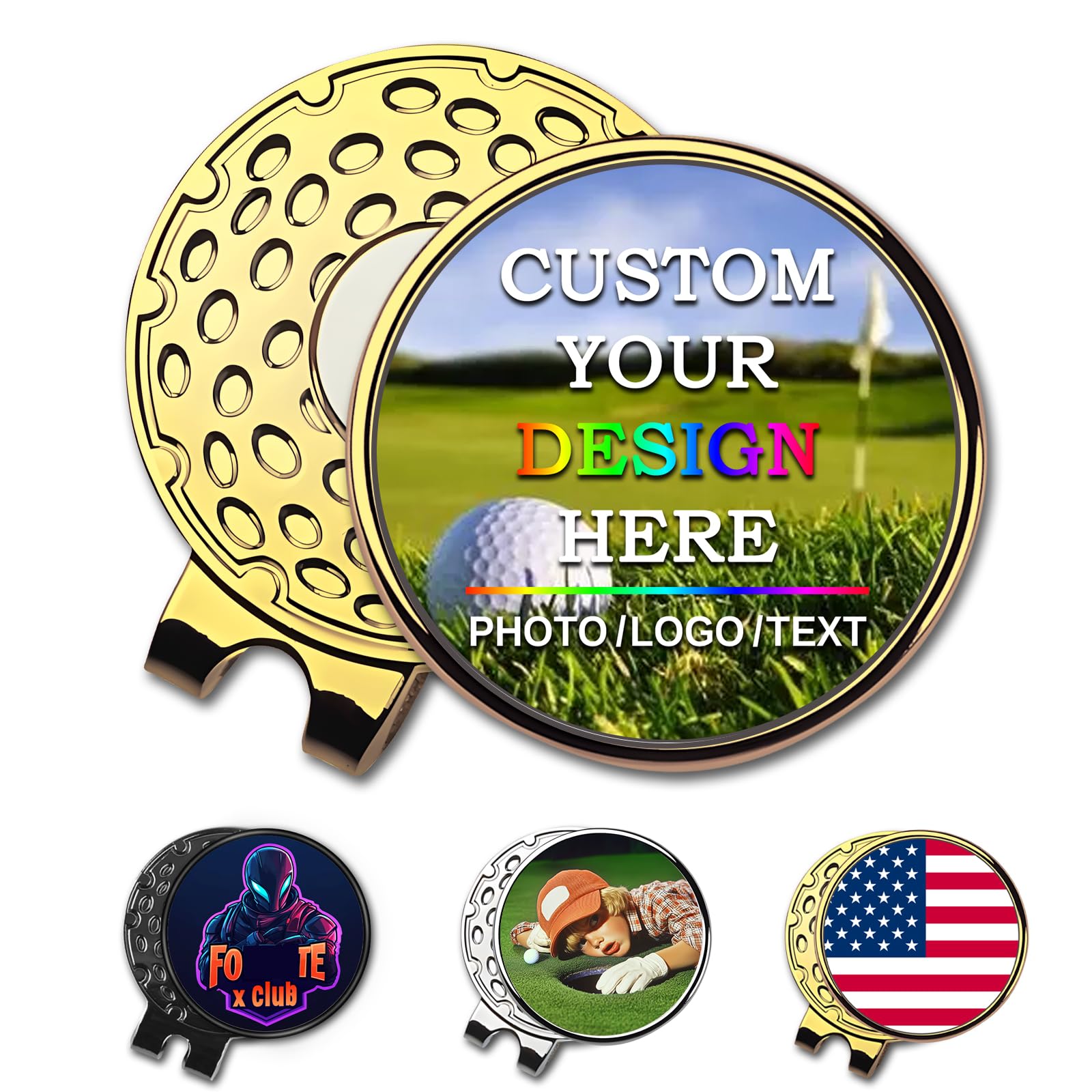 Custom Golf Ball Markers with Magnetic Hat Clip - Personalized Ball Marker Hat Clip with 1" Diameter Ball Marker Customized with Your Photo Logo Text Name