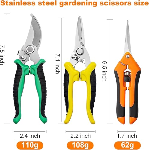 Miniatura 7 de Paquete de 3 tijeras de podar de jardín, juego de tijeras de jardín de acero inoxidable, tijeras de jardinería, cortapodas de mano, tijeras de podar