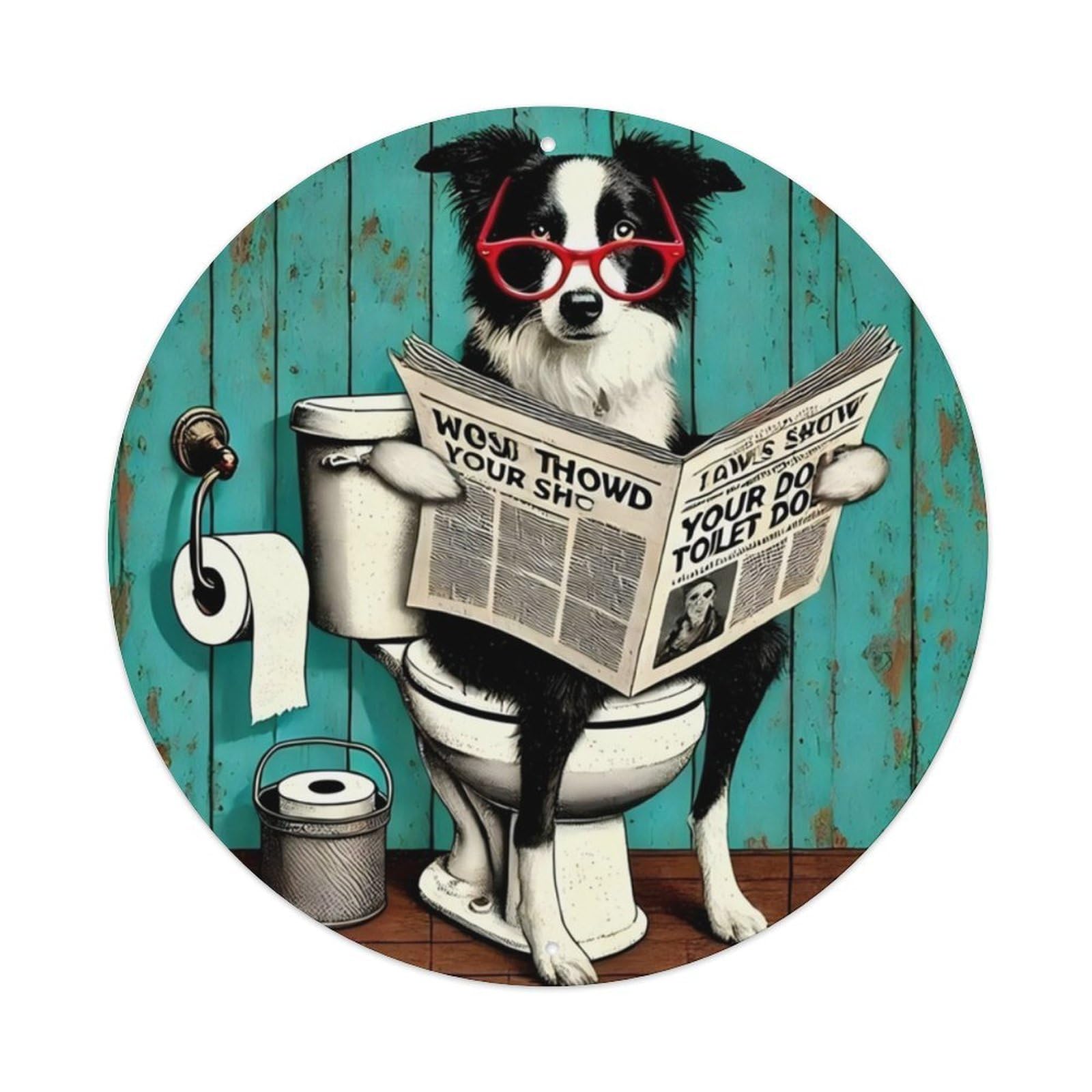 Border Collie Reading Newspaper on Toilet Vintage Aluminium Metal Sign, Retro Wall Decor for Home, Bar, Garage & Farmhouse 20x20cm
