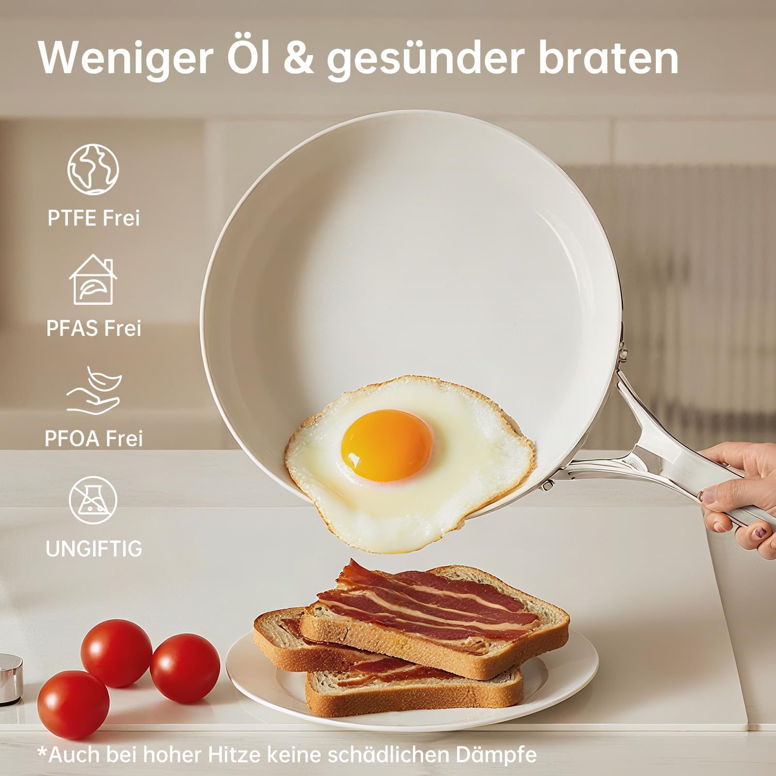 Tjean Antihaft Keramikpfannenset (Ohne PFTE, PFOA, PFAS) mit Edelstahlgriff, geeignet für Induktions-, Gas-, Elektrokochfelder und den Ofen bis 280°C (Cremefarben, 20+24+28cm)