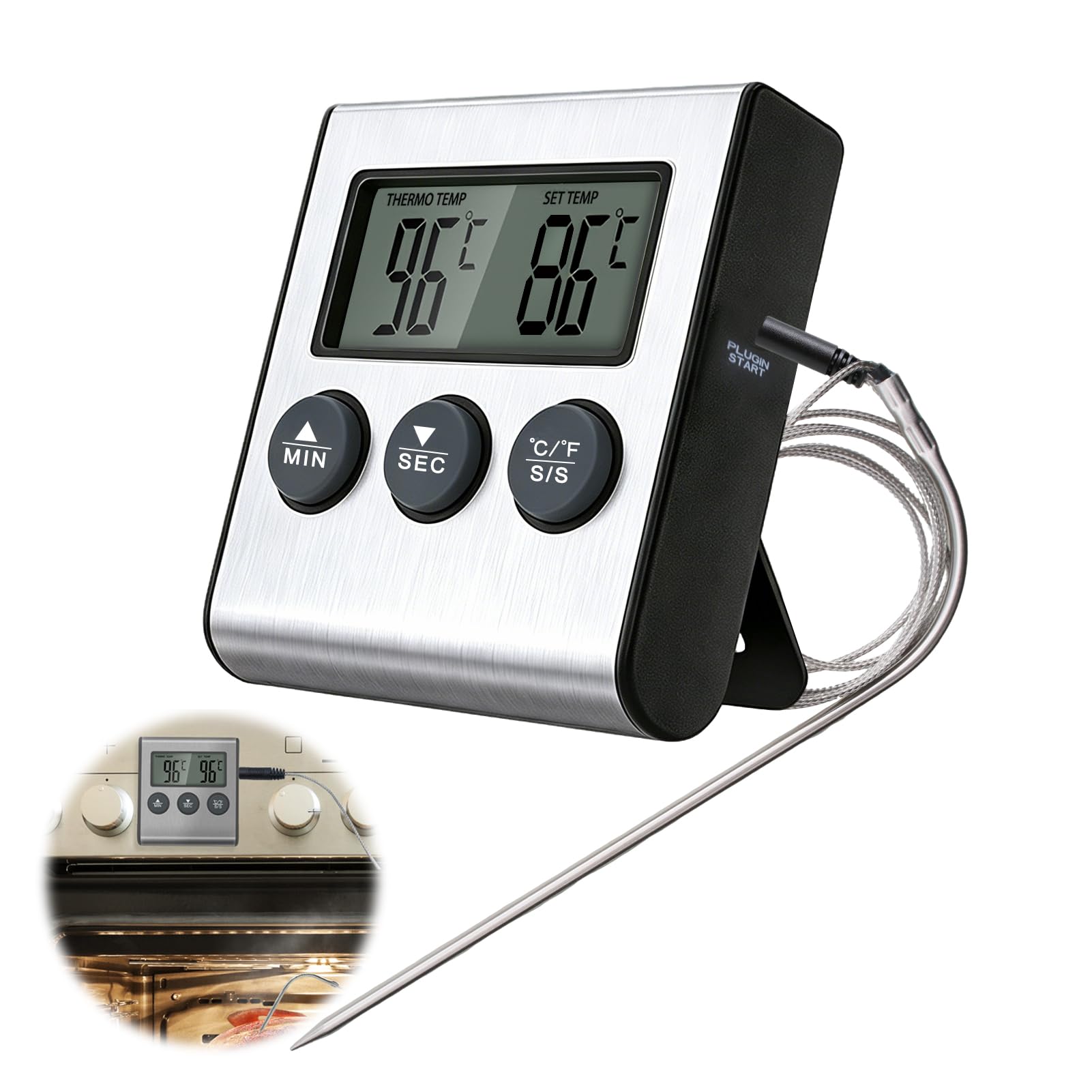 Thermomètre de Cuisson Numérique avec Grand Écran LCD, Sonde en Acier Inoxydable, Minuterie pour Four, Gril et Barbecue
