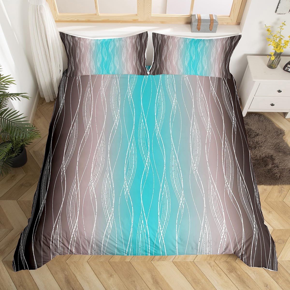 Homewish Teal And Brown Boys Bedding Set Geometric Silver Striped Double Size Duvet Cover For Men Gradient Turquoise Brown Comforter Cover Aesthetics Quilt Cover 2 Pillow Cases Room Decor