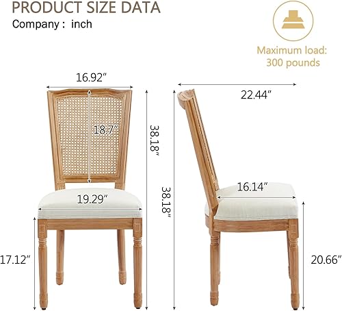 Miniatura 27 de Kiztir Juego de 2 sillas de comedor de ratán, sillas de comedor francesas de mediados de siglo, sillas de comedor de granja con respaldo alto para