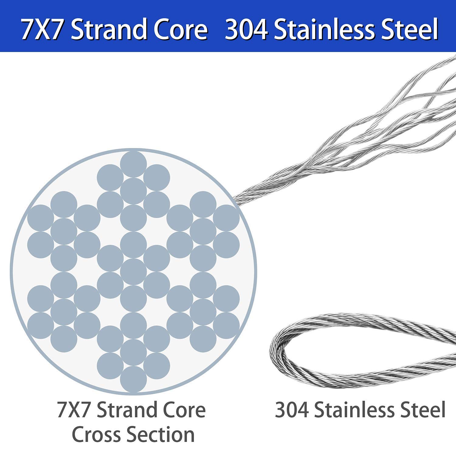 Cuerda de Alambre de Acero Inoxidable de 7 x 7 Hilos Core Aircraft Cable, Diameter3mm Long:50M/164ft