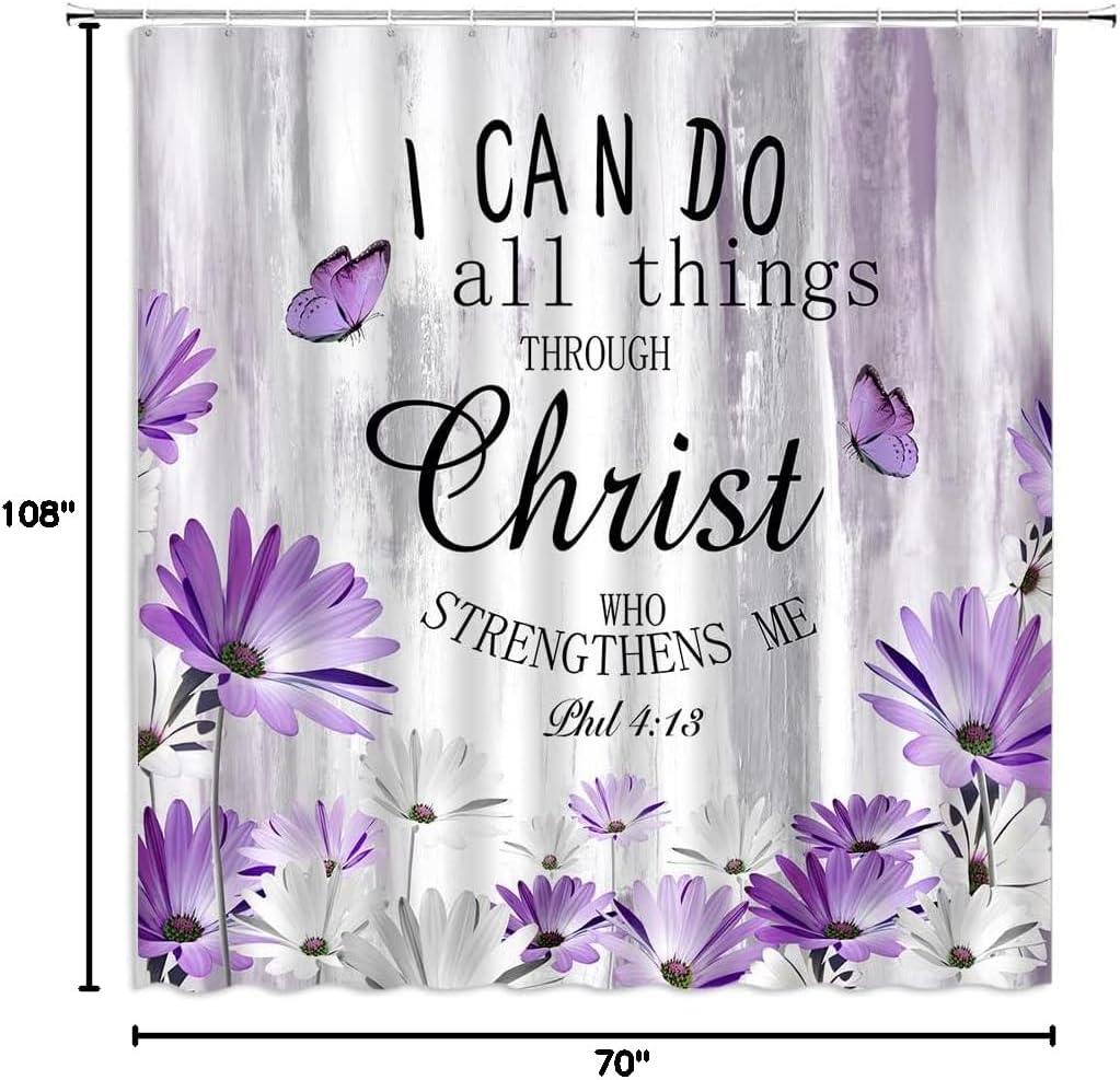 Rustic Farmhouse Inspirational Quotes Shower Curtain I Can Do All Things Blessing Phrase Purple Daisy Floral Butterfly Modern Fabric Decor Bathroom Curtain Set with Hooks