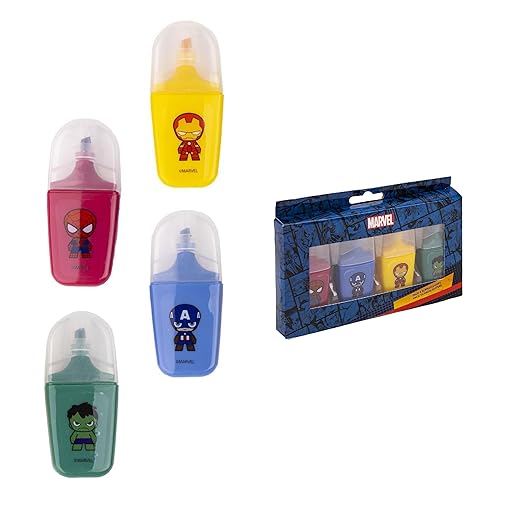 Marvel Avengers Textmarker, Design Avengers Briefpapier Set, Set mit 4 Farben Rot, Blau, Gelb und Grün