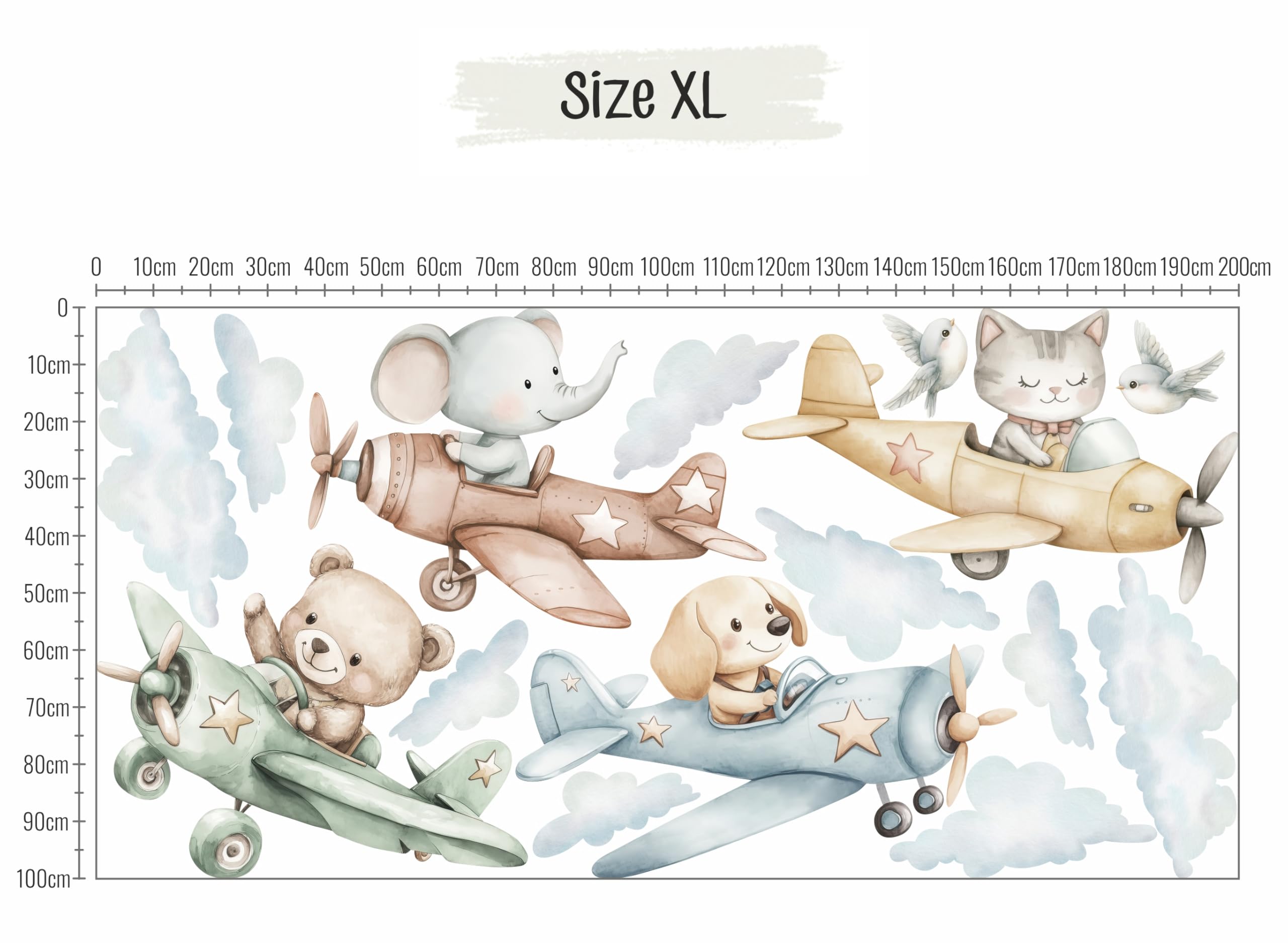 Sticker mural motif avions, montgolfières I étoiles nuages animaux images d'enfants garçon fille autocollant Osomhome (animaux en avion, XL)