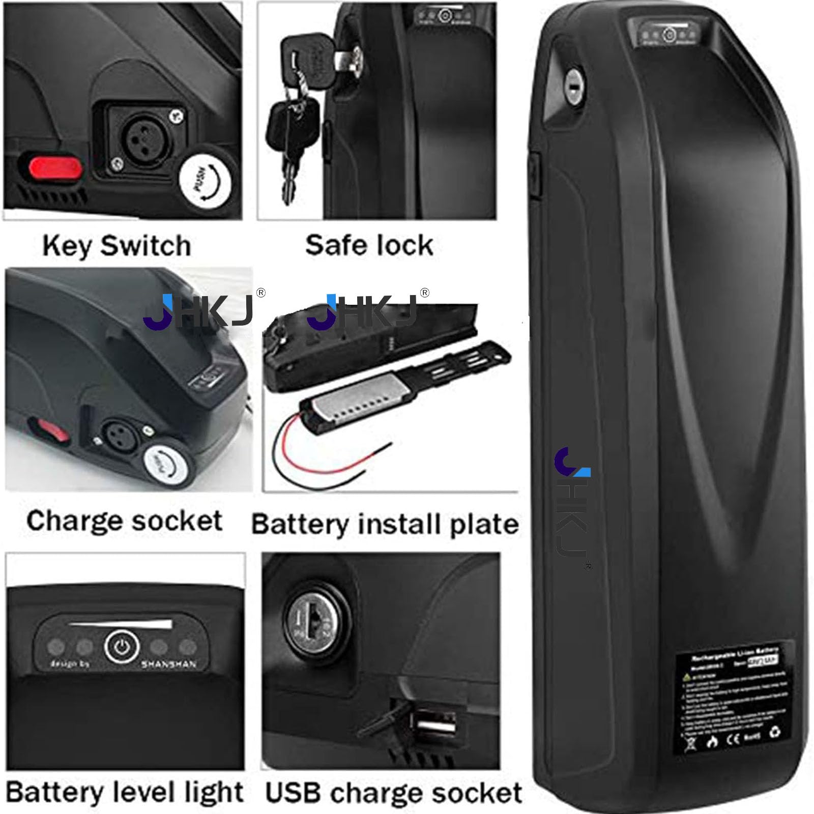 Akumulator litowy 36 V 48 V 52 V Akumulator litowo-jonowy 13 Ah 15 Ah 17 Ah 19,2 Ah Akumulator dolny do zestawów silników 500 W 750 W 1000 W z portem USB i ładowarką