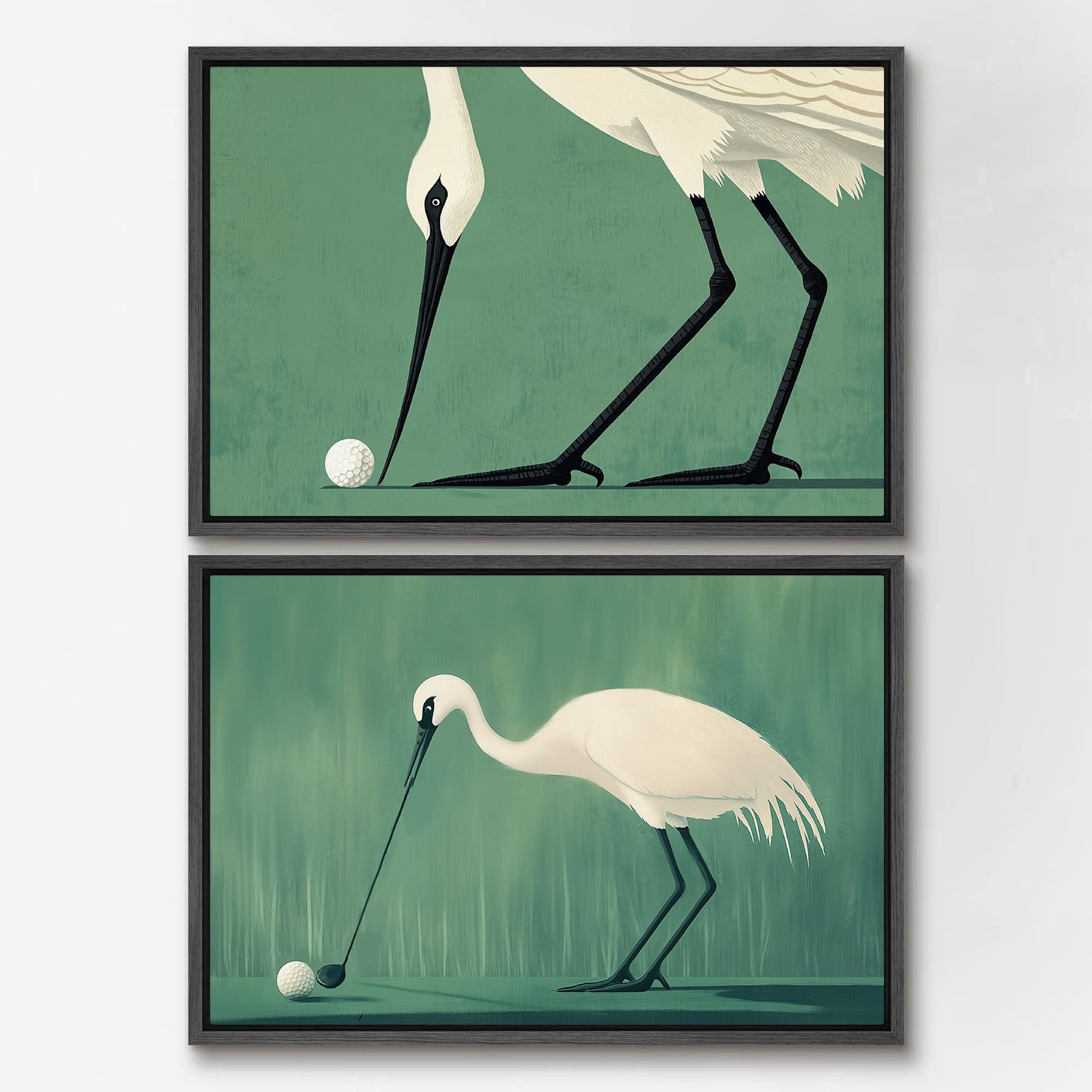 SIGNWIN Framed Canvas Print Wall Art Set Funny Crane Playing Golf Whimsical Bird Illustrations Modern Art Rustic Minimal for Living Room, Bedroom,