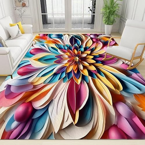 Miniatura 4 de Alfombra de área con flores coloridas 3D, estilo retro de los años 70S, lavable a máquina, alfombra fina de pelo bajo, ligera, antideslizante, fácil