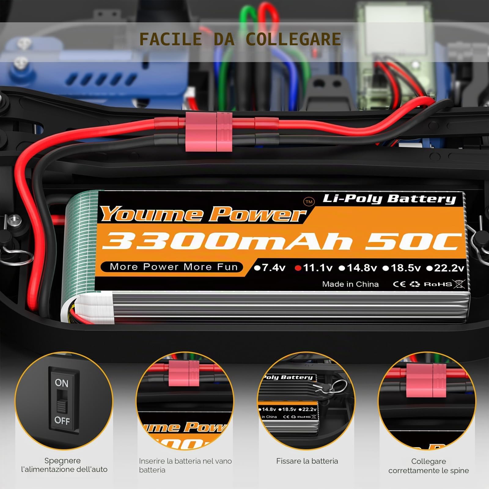Batteria LiPo 3S 11.1V 3300mAh 50C connettore T per RC auto drone barca 2pz | Youme Batteria LiPo 3S 11.1V 3300mAh 50C connettore Deans T Soft Case per RC auto camion truggy aereo drone FPV barca